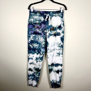 Ice dyed tie dyed upcycled gray navy multicolor stretch jogger sweatpants